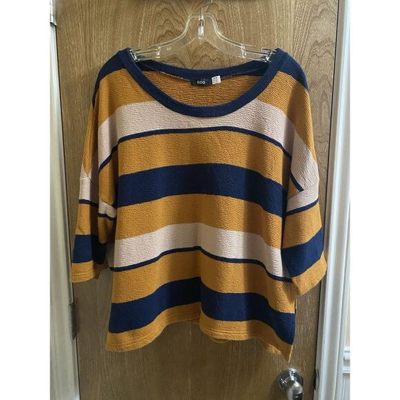 BDG Urban Outfitters Oversized Yellow/Navy Striped 100% Cotton Crop Blouse Sz S - Picture 1 of 10